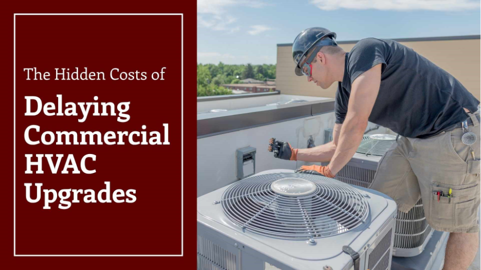 a technician leans over a set of HVAC outdoor units to plug in a switch